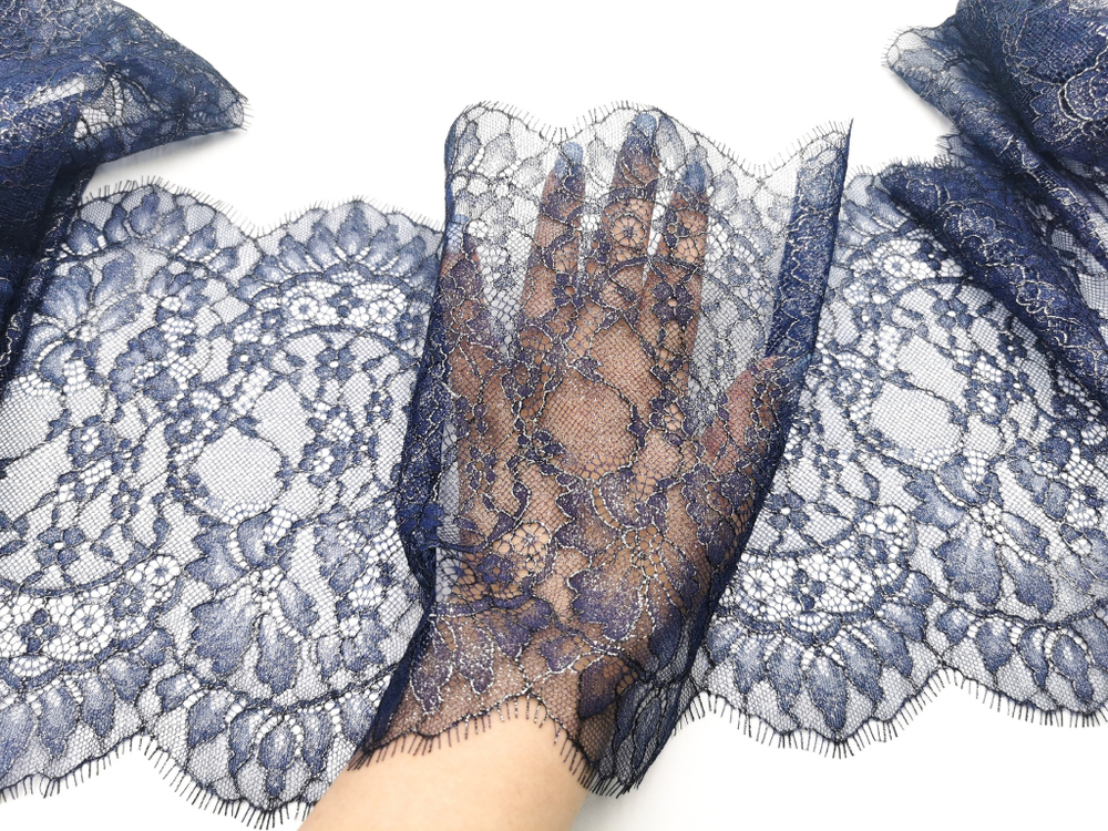 Кружево, шантильи, темно-синий с серебристым напылением, купон (1,45м), (арт: SK-1013), купон