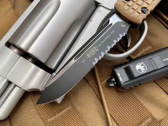 Автоматический нож Microtech MT_121-2FRGTTAS Ultratech S/E, рук-ть алюм./бежев. G10 Frag Patter, клинок 1/2 серрей