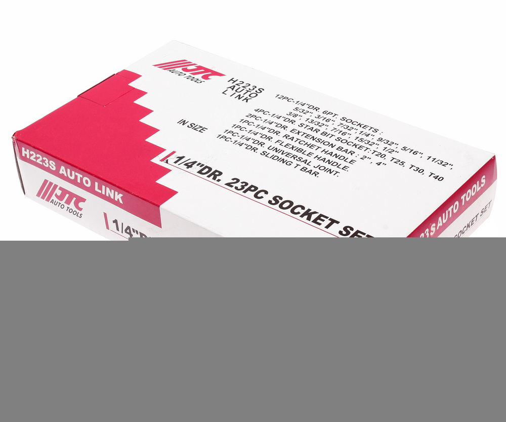 JTC-H223S - Набор головок торцевых и насадок 1/4" 6-ти гранных 5/32"-1/2",Т20-Т40 23 предмета в кейсе JTC - 
	В комплекте:
		
			13 ед. головка 1/4": 5/32", 3/16", 7/32", 1/4", 9/32", 5/16", 11/32", 3/8", 13/32", 7/16", 15/32", 1/2", 8 мм.
			4 ед. головка с насадкой TORX 1/4": Т-20, Т-25, Т-30, Т-40.
			2 ед. удлинитель 1/4": 2", 4".
			1 ед. вороток с шарниром 1/4".
			1 ед. вороток с плавающей головкой 1/4".
			1 ед. трещотка 1/4", 72 зуба.
			1 ед. карданный переходник 1/4".
		
	
	Упаковка: прочный пластиковый кейс.
	Габаритные размеры: 265/155/50 мм. (Д/Ш/В)
	Вес: 1000 гр.