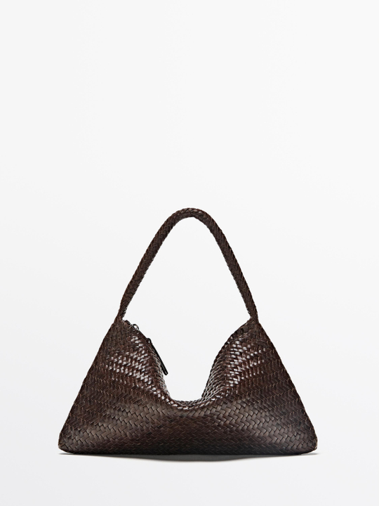 Massimo Dutti Маленькая плетеная кожаная сумка через плечо, коричневый