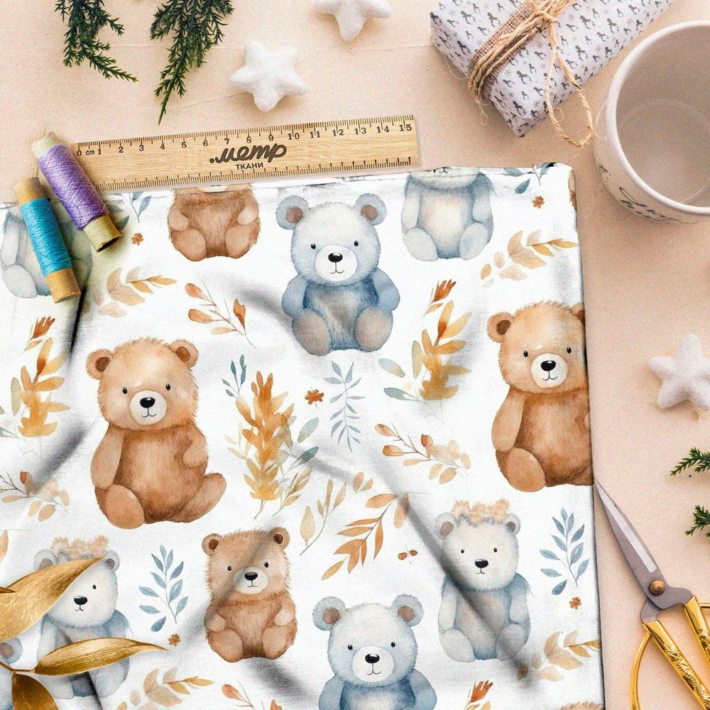 Ткань премиум дюспо медведи с осенними ветками