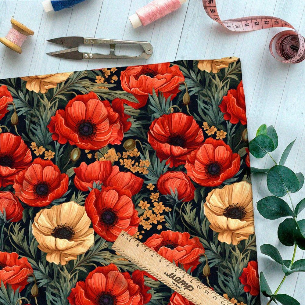 Ткань премиум бифлекс крупные маки на серых листьях