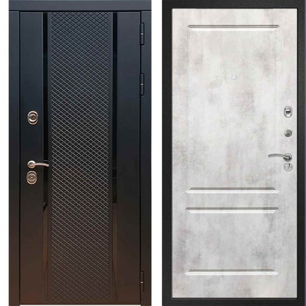 Входная металлическая дверь с зеркалом RеX (РЕКС) 25 кварц черный, фурнитура на Квадратной розетке, хром/ ФЛ-117 Бетон светлый