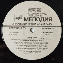 Винтажная виниловая пластинка LP Птицы СССР Определитель По Голосам Воробьиные: Жаворонки, Коньки (СССР 1986)