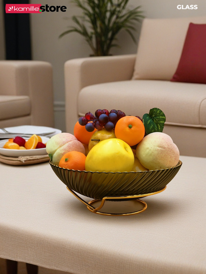 Блюдо-фруктовница 27 см. стекло с золотой обводкой, на металлической подставке