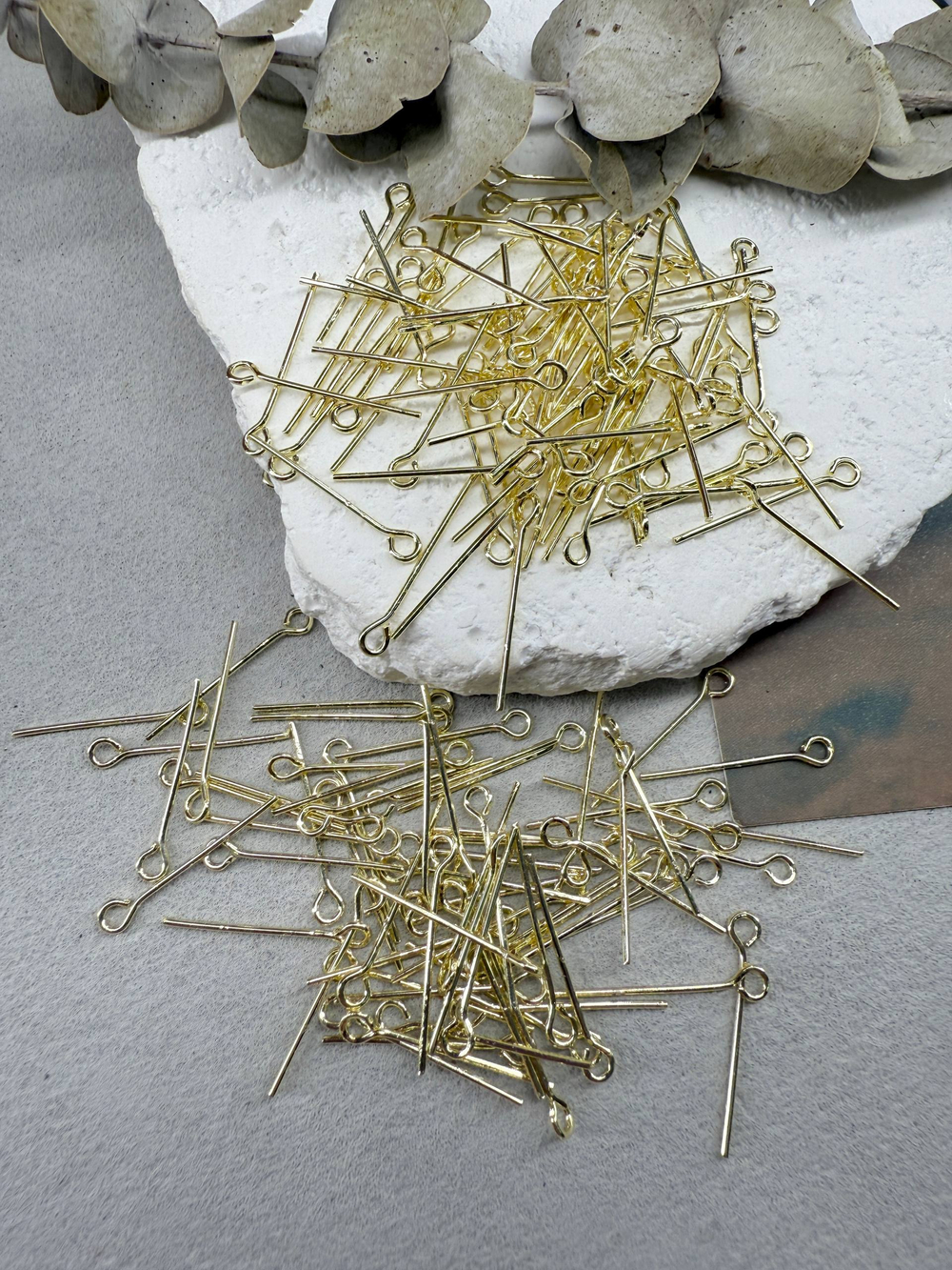 Пины жесткие с петелькой 20 мм, позолота 14к, 100 шт