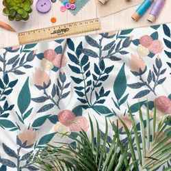 Ткань шелк Армани нарисованные маркерами цветы и листья на белом фоне