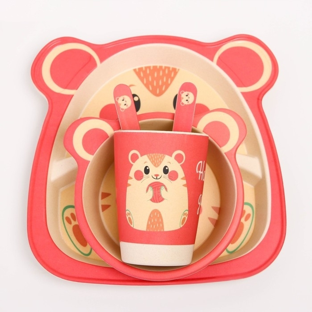 4167340 Набор бамбуковой посуды "Хомяк", тарелка, миска, стакан, приборы, 5 предметов