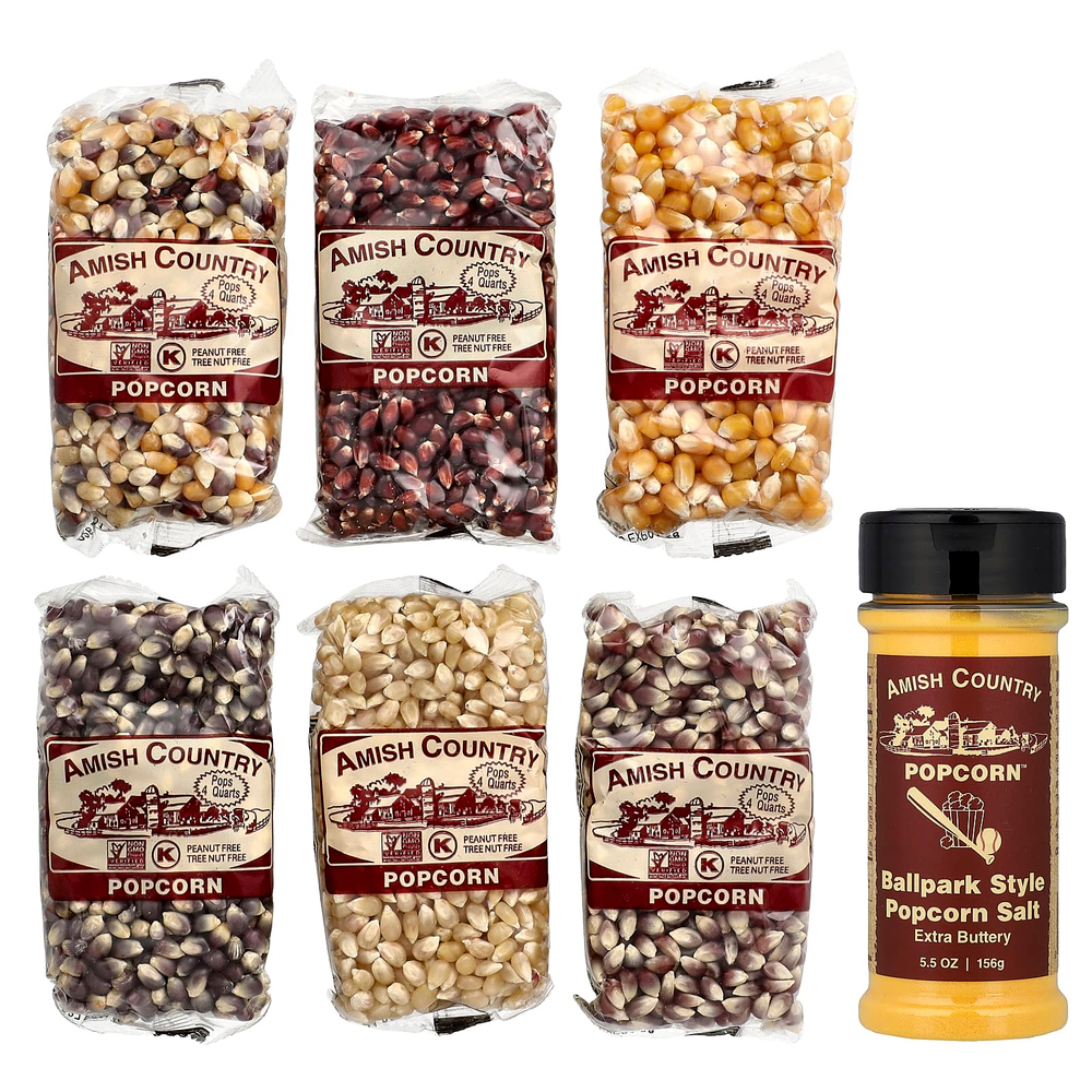 Amish Country Popcorn, набор ассорти попкорна с шейкером и солью для попкорна, 7 шт.