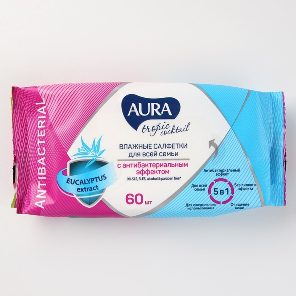 Салфетки влажные антибактериальные "AURA" tropic cocktail EUCALYPTUS extract 60 ш