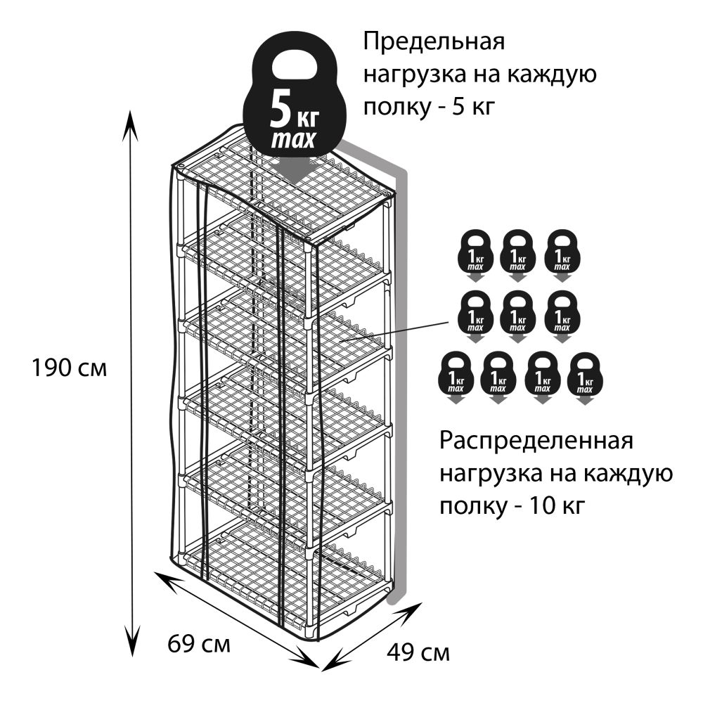 UGH-R30 H190 WHITE-WHITE Парник-стеллаж для рассады. 5 полок. 70x50x190см. Металлическая труба в ПВХ. цвет белый. Тент из армированного полиэтилена 135г-м2. цвет сетки белый. TM ФитоЛето