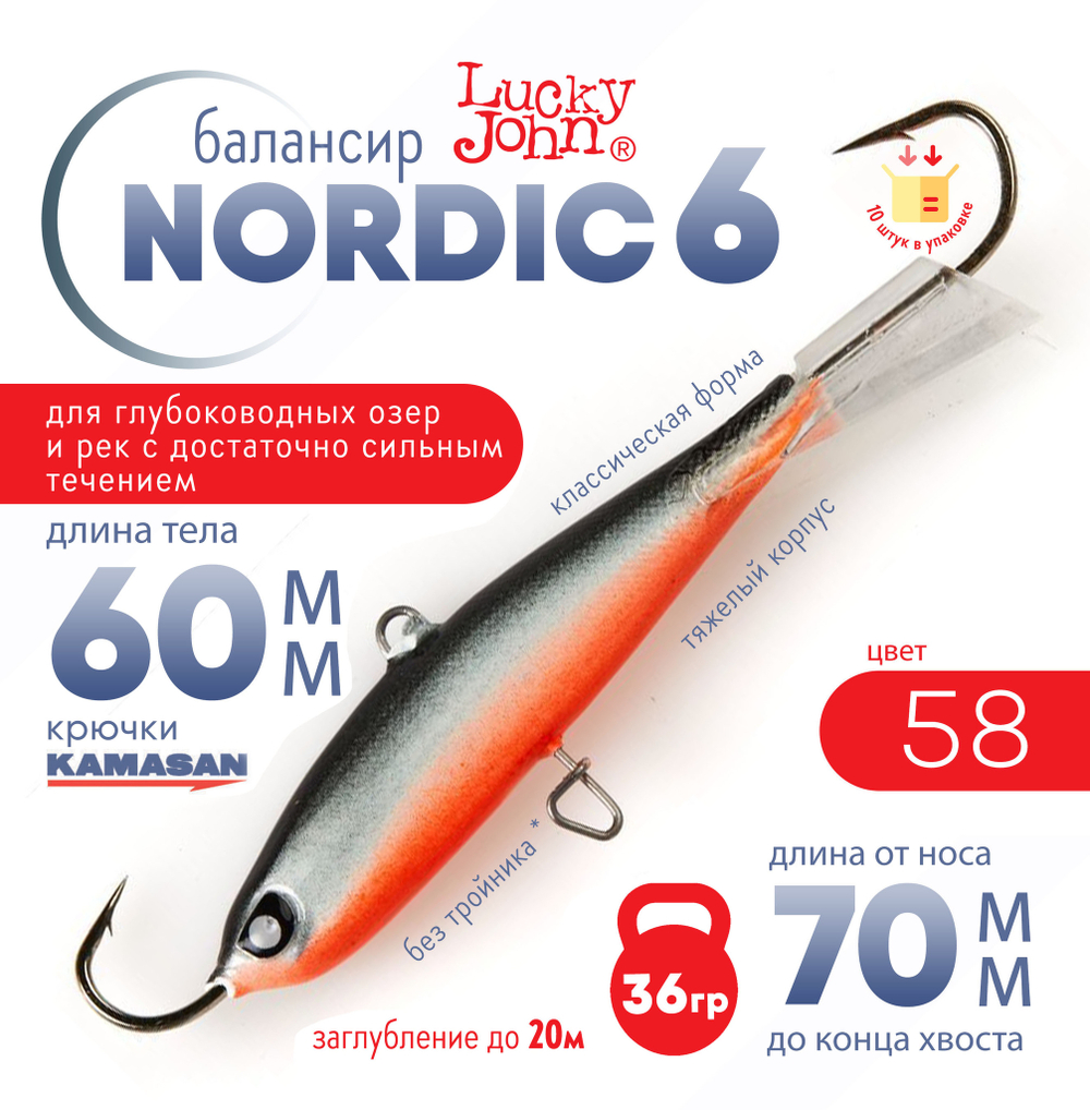 Балансир Lucky John Nordic №6 без тройника (60мм, 36гр), 10шт/уп