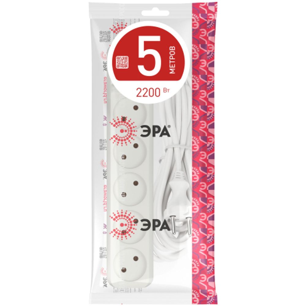 Удлинитель электрический ЭРА U-5s-5m-2x1 без заземления c выключателем 5 розеток 5м ПВС 2x1мм2 10А