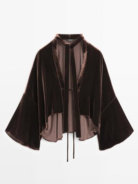 Massimo Dutti Бархатное кимоно с шарфом, коричневый