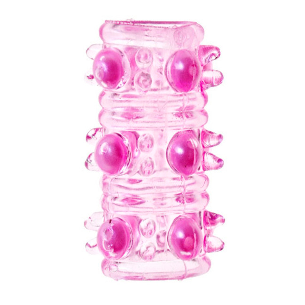 Насадка на фаллос розовая с шипами и бусинами ( 5,5 см, розовый с оранжевым) (Цвет: розовый с оранжевым)