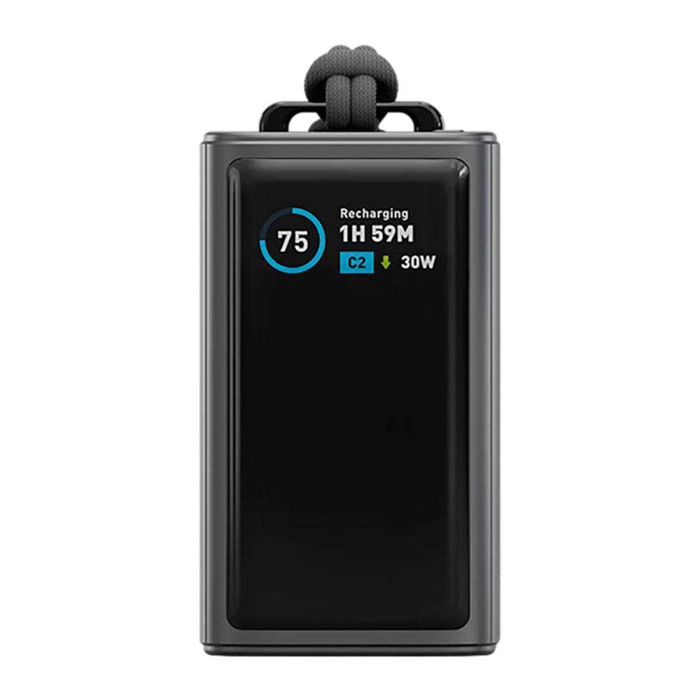 Внешний аккумулятор со встроенным кабелем и ремешком Energea ComPac Arc 45 (10000 мА·ч) Проводная зарядка: USB-C, USB-A, встроенный плоский кабель-рулетка USB-C (0,7 м). Беспроводная зарядка: нет. Есть дисплей, поддержка PD 3.0, QC 3.0, PPS, AFC, SCP и FC