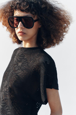 ZARA ТРИКОТАЖНЫЙ ТОП С АЖУРНЫМ УЗОРОМ, ЧЕРНЫЙ