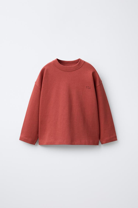 ZARA ФУТБОЛКА HEAVYWEIGHT С ВЫШИВКОЙ, НАСЫЩЕННЫЙ КРАСНЫЙ