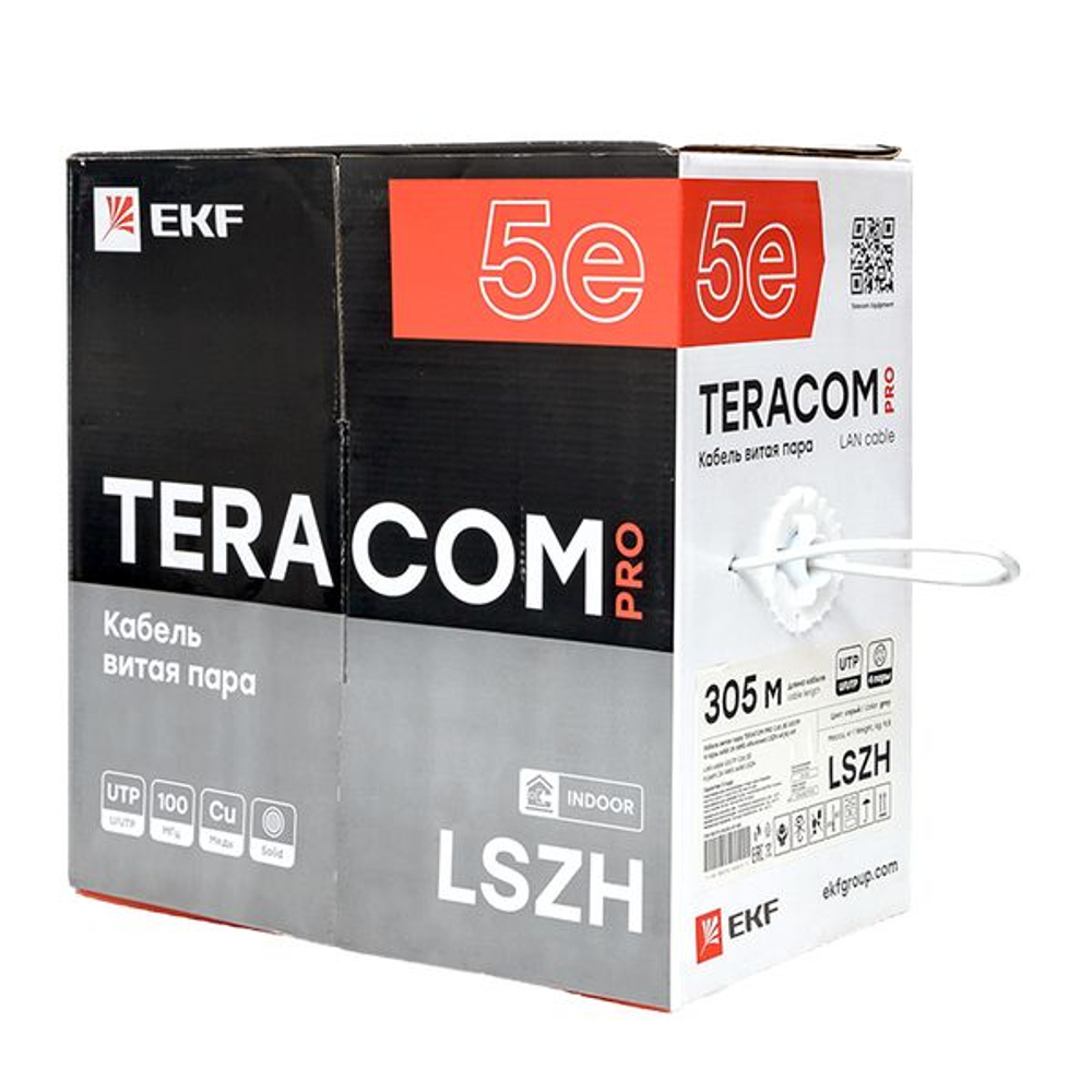Кабель витая пара TERACOM PRO Cat.5E U/UTP 4 пары solid 24AWG оболочка LSZH нг(А)-HF цвет серый (упак. 305м) (305.00 шт.)