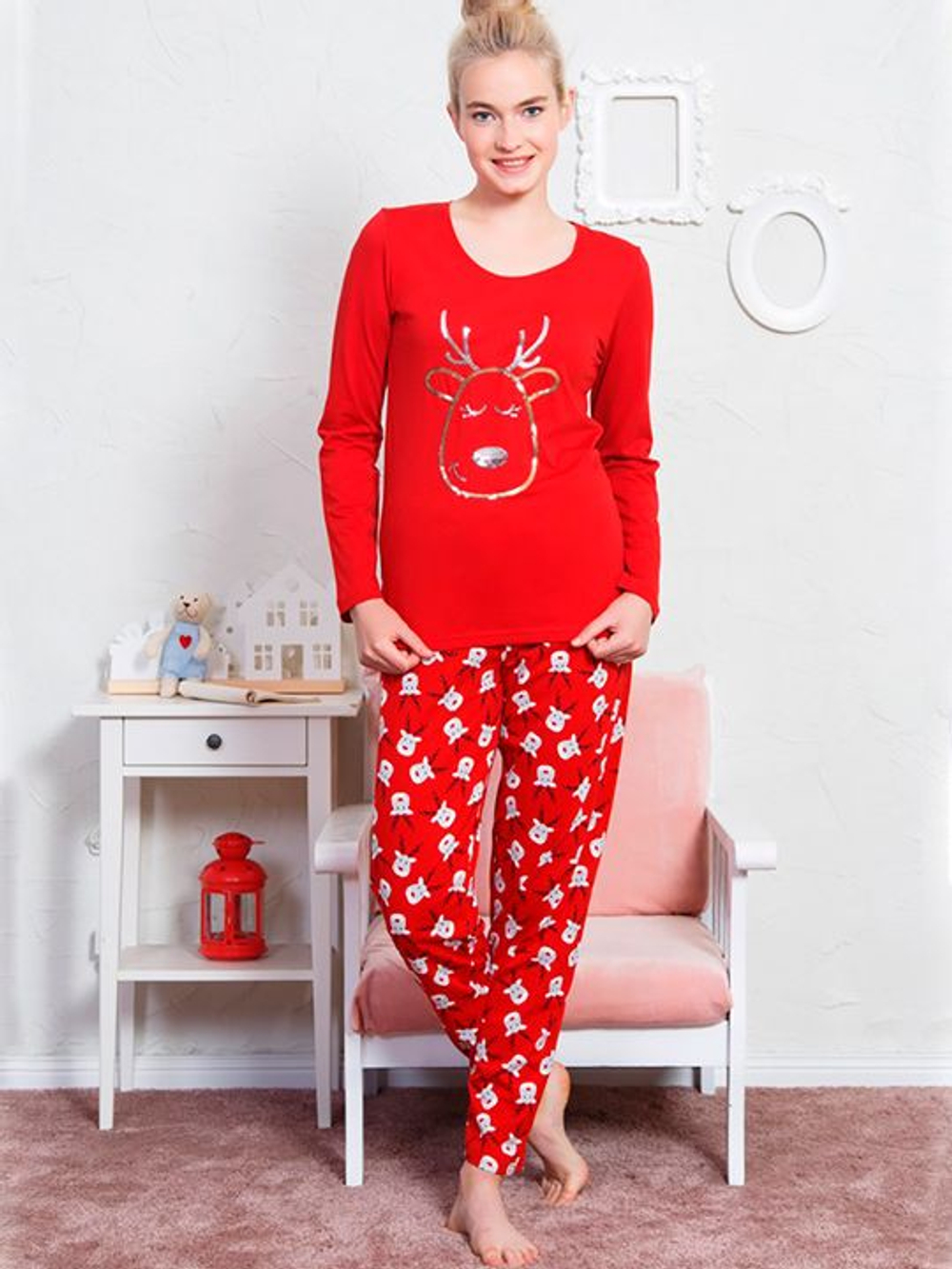 Уютный комплект с оленями (Размер: S) (Цвет: красный)
