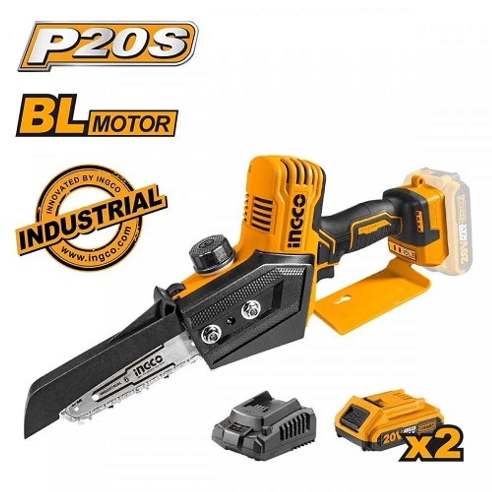 INGCO Пила аккумуляторная мини цепная бесщеточная INDUSTRIAL 20W Li-ion/ длина стержня 15 см/ 1x2 Ач