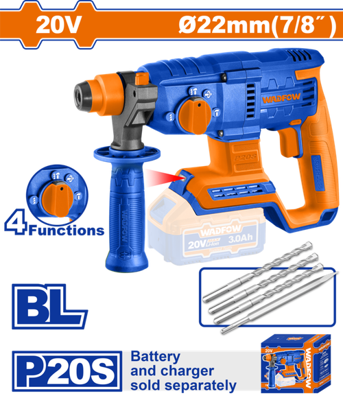 Перфоратор аккумуляторный 20В 2 Дж, б/щ (4) WADFOW WLM15220