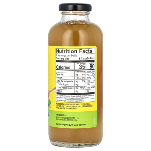 Bragg, освежающая добавка из органического яблочного уксуса, пребиотик, имбирь и лимон и мед, 473 мл (16 жидк. унций)