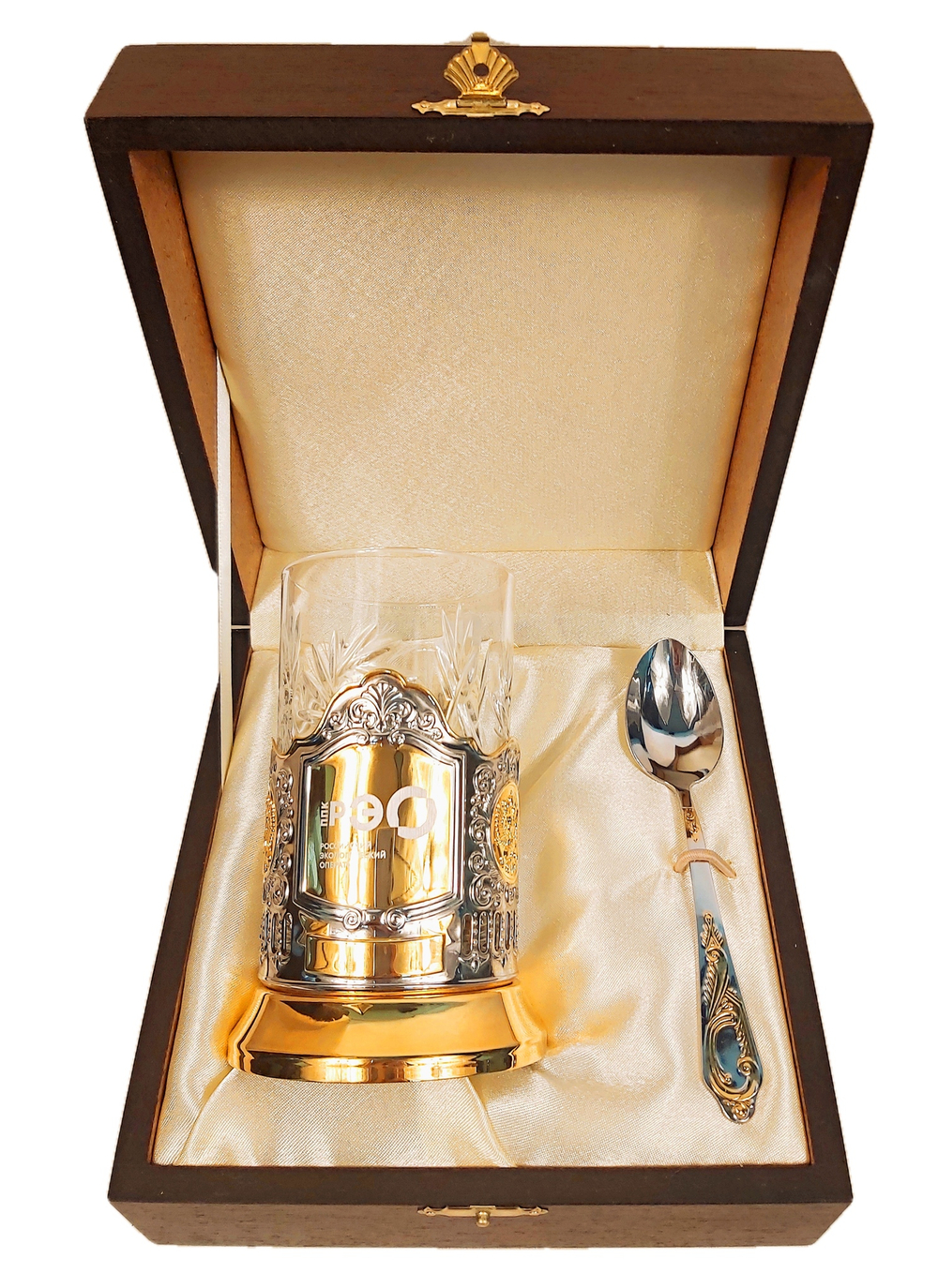 Чайный набор с подстаканником с позолочением  и индивидуальной гравировкой в шкатулке на заказ