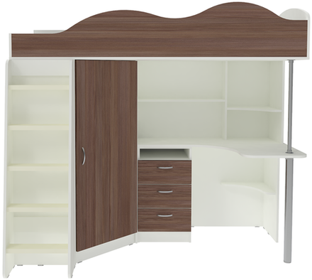 Кровать-чердак КарИВи Пионер с деревянной лестницей Белый  Бодего Темный