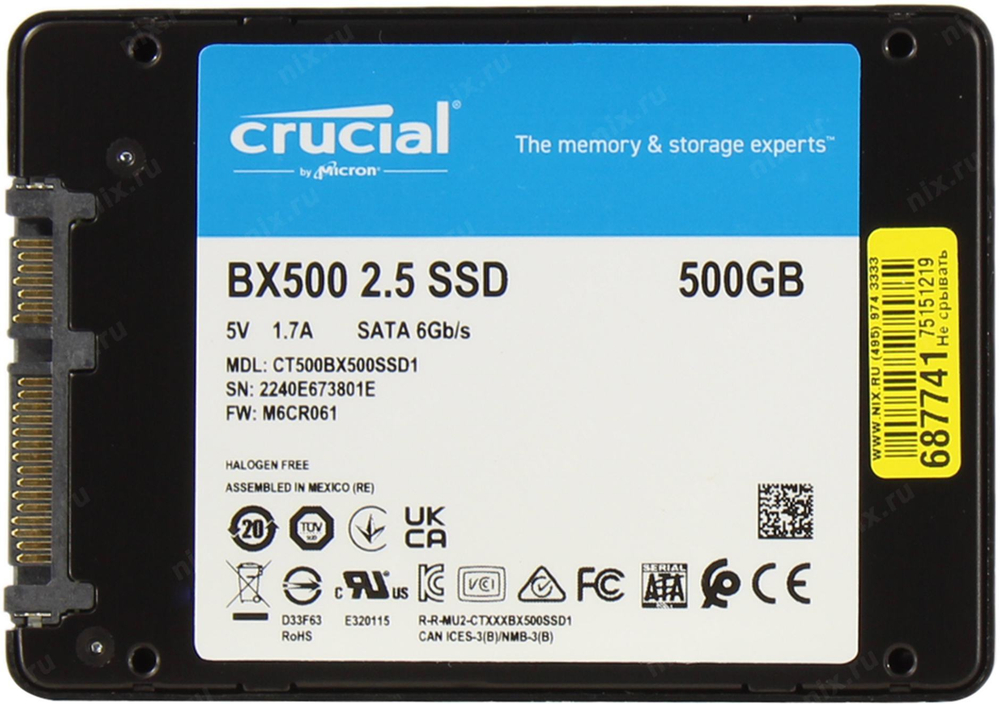 Накопитель SSD 500 Gb SATA 6Gb/s Crucial BX500 &lt;CT500BX500SSD1&gt; 2.5"