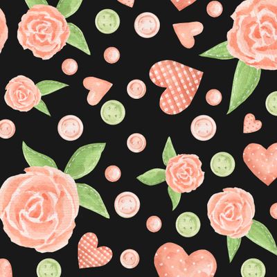 розы сердечки и пуговки на черном фоне