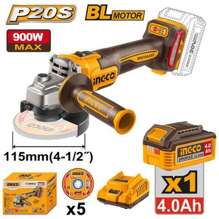 Аккумуляторная угловая шлифовальная машина (УШМ) INGCO CAGLI261521 INDUSTRIAL 20 В 115 мм 1х4 Ач