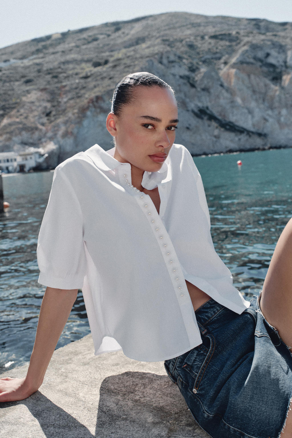ZARA РУБАШКА С КОРОТКИМИ РУКАВАМИ И БУСИНАМИ, БЕЛЫЙ