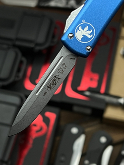 Нож Microtech UTX-70 A+++ Standard S/E BLUE - клин серый апокалиптик, рукоять синяя