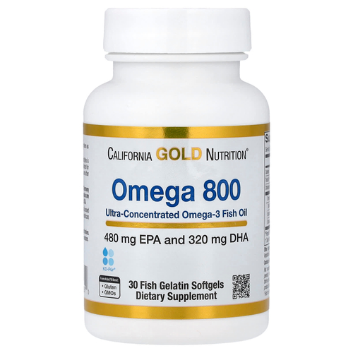California Gold Nutrition, Omega 800, ультраконцентрированный рыбий жир с омега-3, в форме триглицеридов KD-pur®, 30 капсул из рыбьего желатина (1000 мг в 1 капсуле)