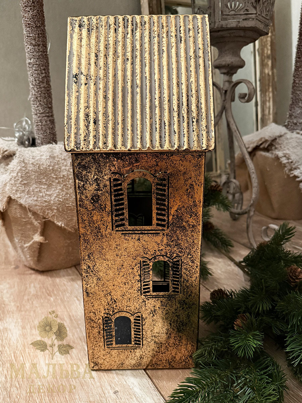 Подсвечник "Домик" большой античное золото 16x16xH42 см