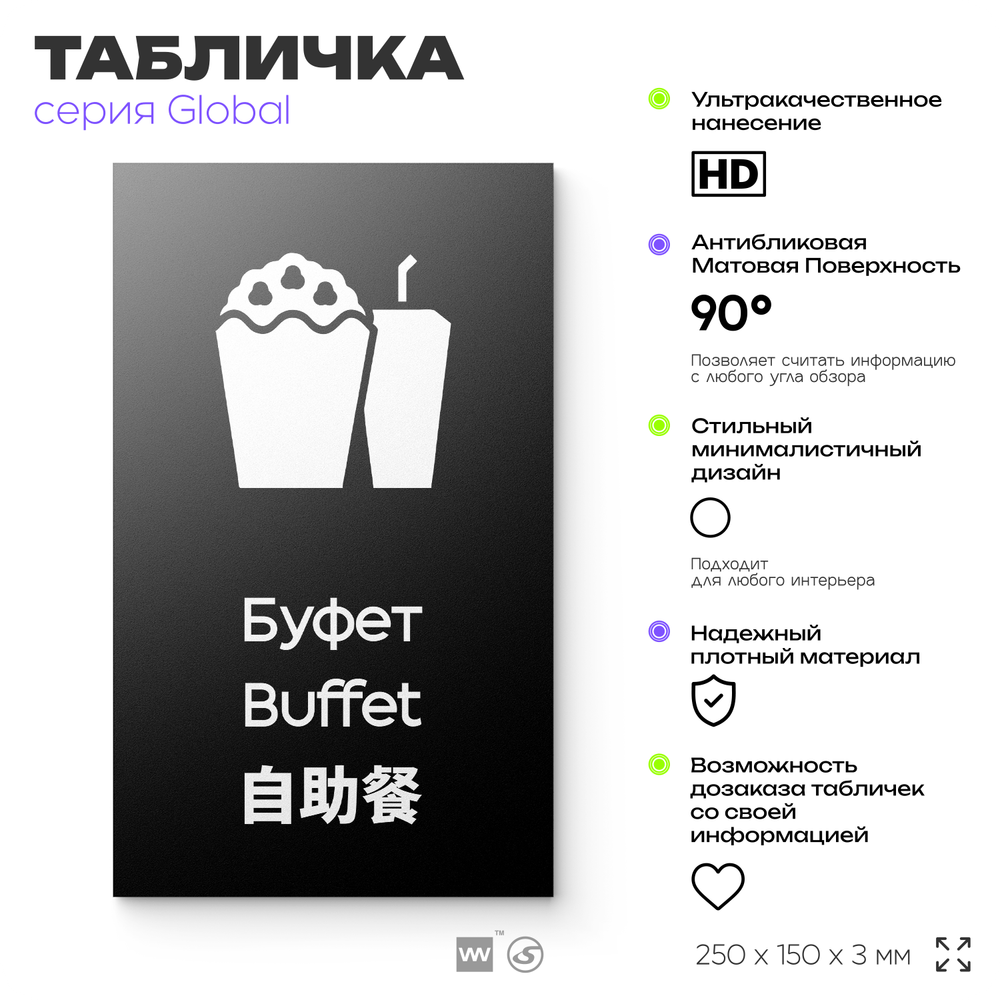Табличка Буфет, информационная и мультиязычная (русский, английский, китайский), серия GLOBAL, 25х15 см, Айдентика Технолоджи