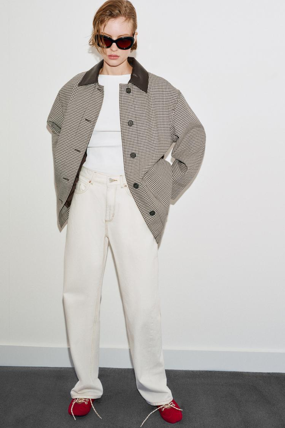 ZARA КУРТКА «ГУСИНАЯ ЛАПКА» С ОТДЕЛКОЙ ПОД КОЖУ, ЧЕРНЫЙ/ЭКРЮ