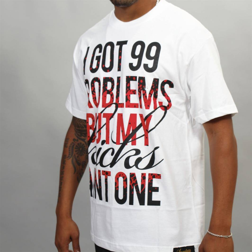 Футболка Sneaktip 99 Problems Splash белая с красным на человеке вид сбоку