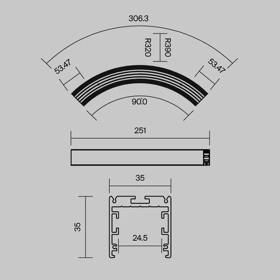 Радиусный профиль 35x35 D320мм 1/4 круга черный Led Strip alm-3535r-b-d-90°-0.3m