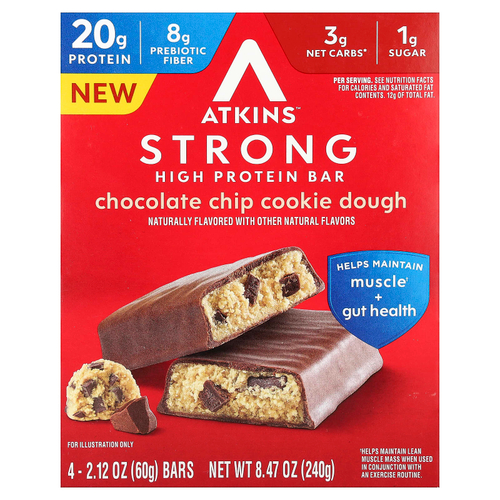 Atkins, Strong, высокопротеиновый батончик, тесто с шоколадной крошкой, 4 батончика по 60 г (2,12 унции)