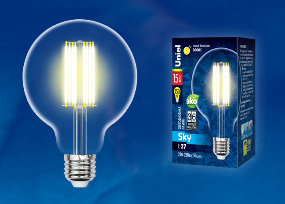 LED-G95-15W/3000K/E27/CL PLS02WH Лампа светодиодная. Форма шар, прозрачная. Серия Sky. Теплый белый свет (3000K). Картон. ТМ Uniel.