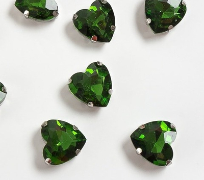 Стразы пришивные стекло в оправе "Сердечко", р. 12 мм, зелёный