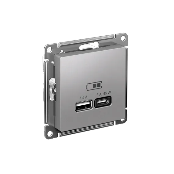 Розетка USB AtlasDesign тип A+C 45Вт QC PD высокоскор. ЗУ механизм алюм. SE ATN000329
