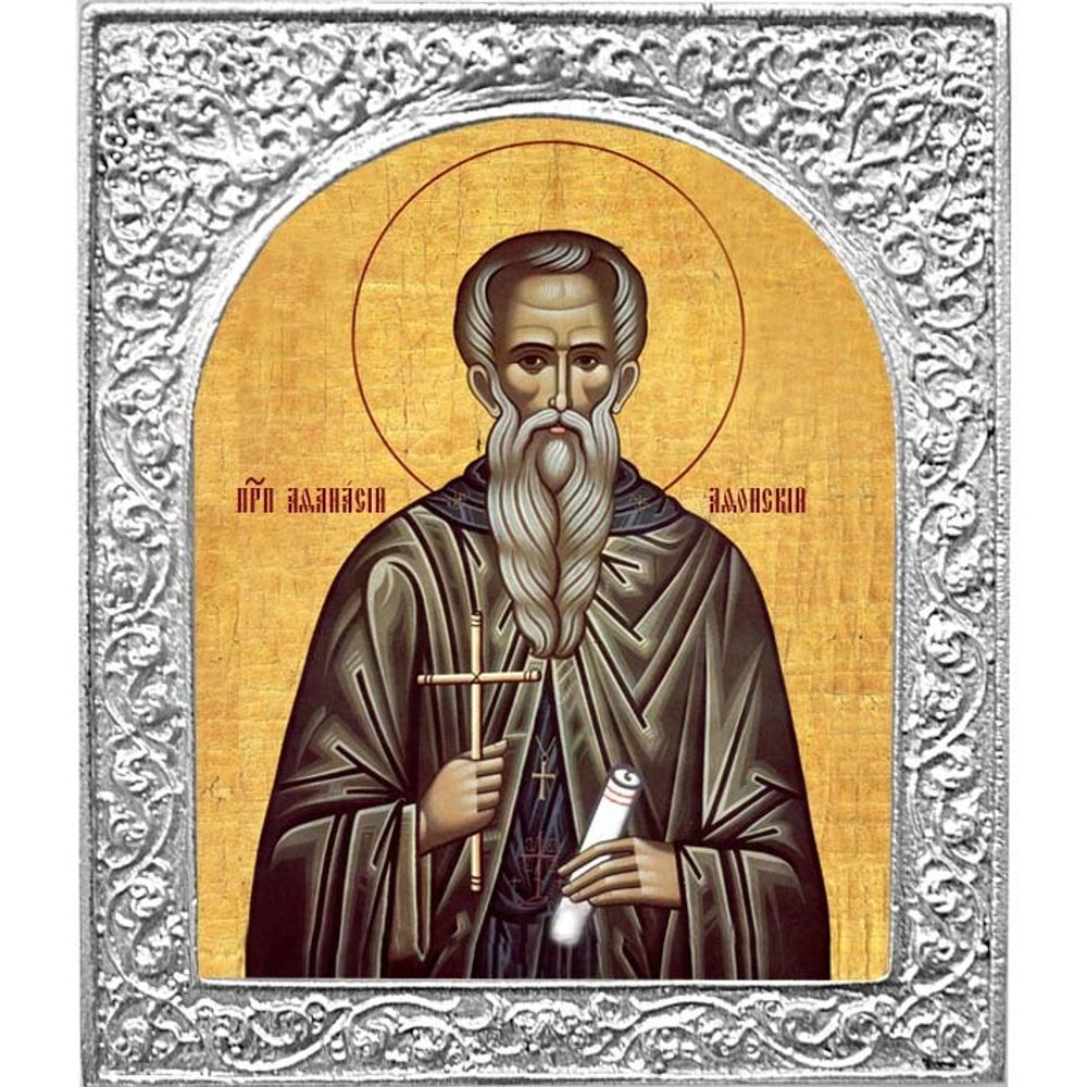 Святой Афанасий. Маленькая икона в посеребренной раме.