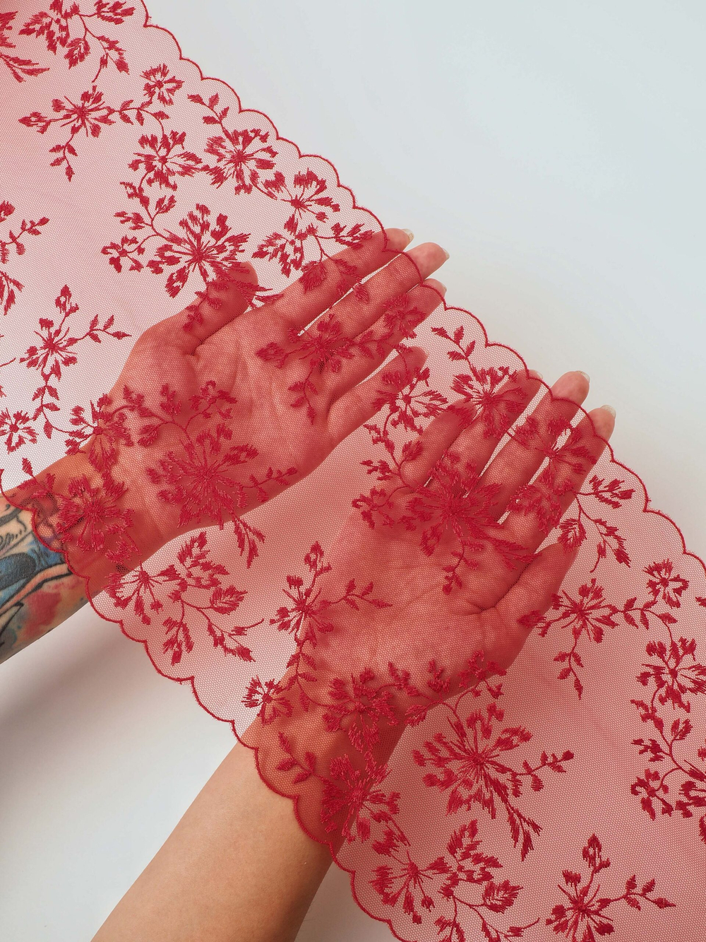 Вышивка на сетке красная неэластичная ширина 20 см