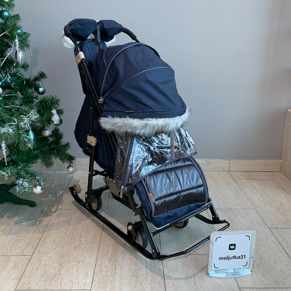 Санки - коляска Galaxy Glory Gloss Лен темно-синий арт. GGGТС