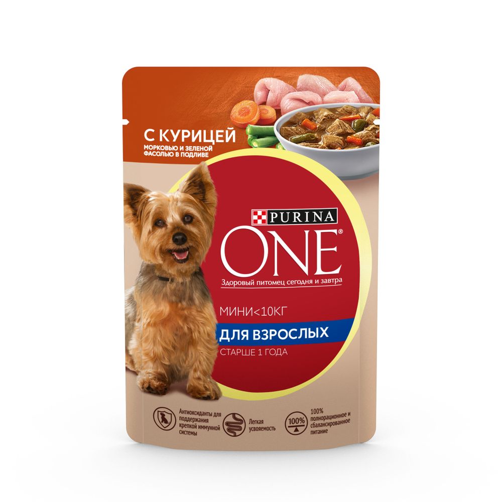 Влажный корм для собак Purina ONE для мелких пород с курицей, морковью и фасолью 85г х 26 шт.