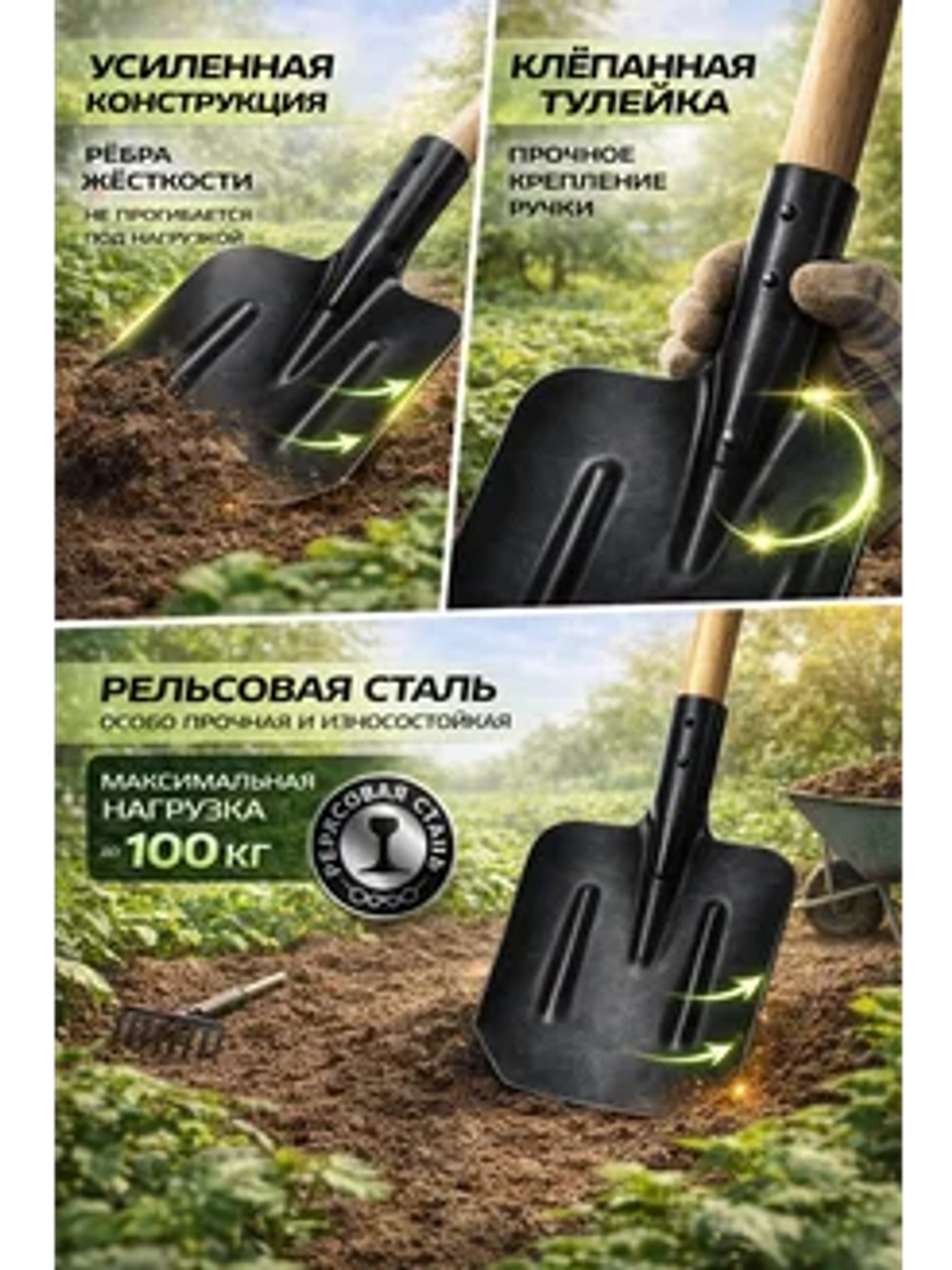 Лопата совковая без черенка, усиленная, 1 шт.