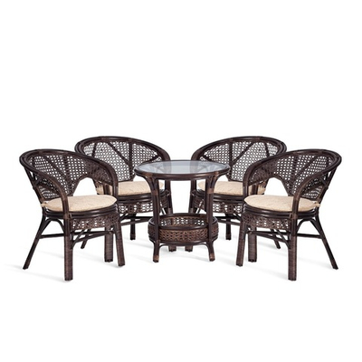 Комплект "PELANGI" (стол со стеклом + 4 кресла) с подушками, ротанг, кресло 65х65х77см, стол диаметр 64х61см, walnut (грецкий орех)